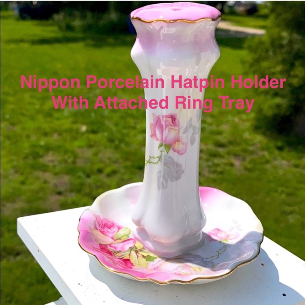 Nippon Handpainted Floral Porcelain Hatpin Holder With Attached Ring Saucer
